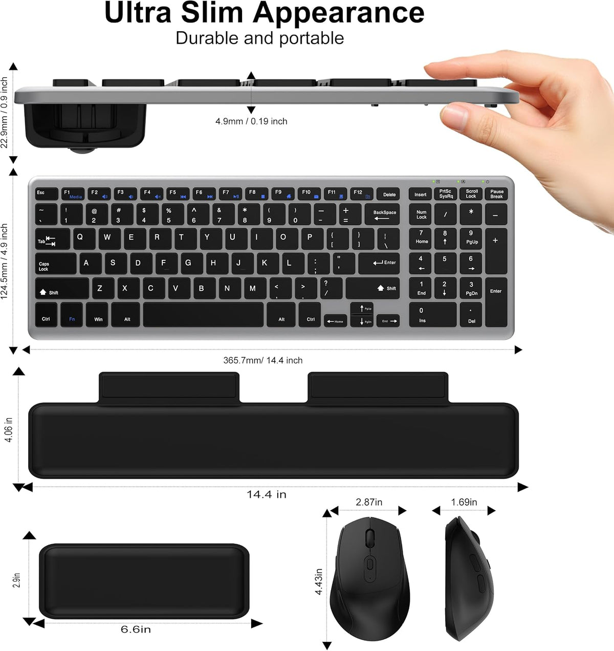 Ultra Slim Quiet Silent Wireless Keyboard and Mouse Combo with Magnetic Wrist Rest, Rechargeable Quiet Full-Size Keyboard and Mouse Combo Set Ultra Slim Design for Computer, Mac, Laptop, PC