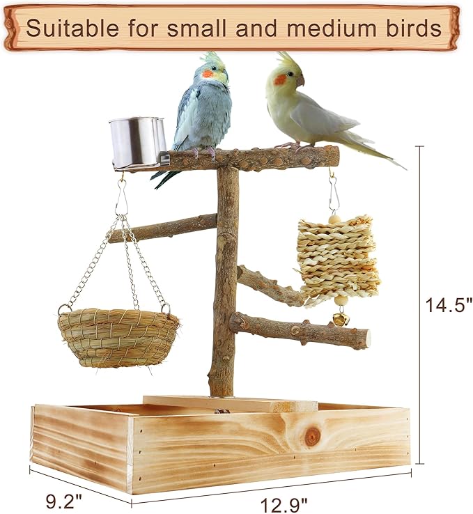 Mogoko Natural Bird Perches Playground, Cage Accessories, Toys Playground for Birds, Bird Perch Stand Parrot Stand, Includes 2 Stainless Steel Cups and Removable Tray