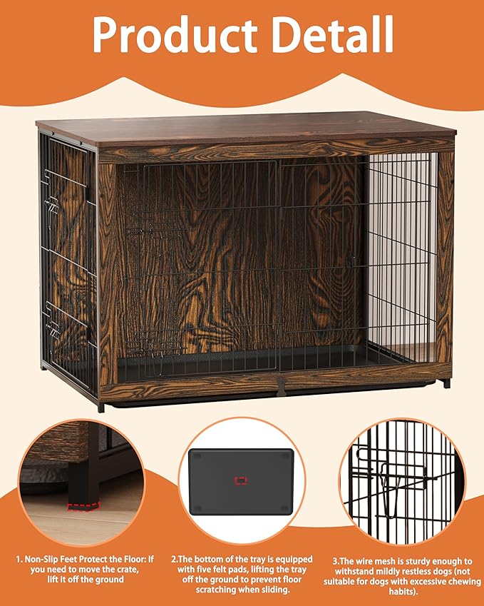 Megidok Wooden Dog Crate Furniture with Cushion,Large Dog Crate End Table with Tray, Double Doors Kennels Indoor (43.1" L*28.6" W*30.3" H, Rustic Style)
