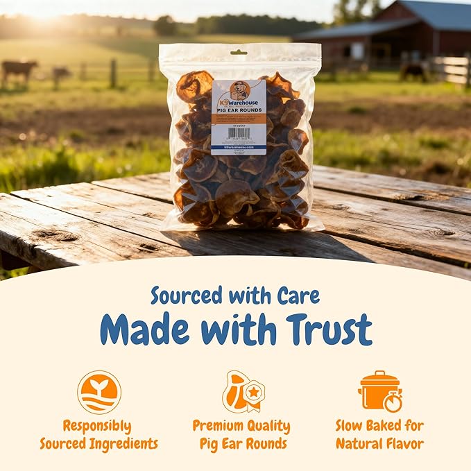 K9warehouse Premium Natural Pig Ears Rounds Packed in USA - 50 Count Pig Ears for Dogs Large - Tasty Pigs Ear Dog Treats - Bulk Pig Ears for Large/Small Dogs - Ideal Dog Pigs Ears Made for Training