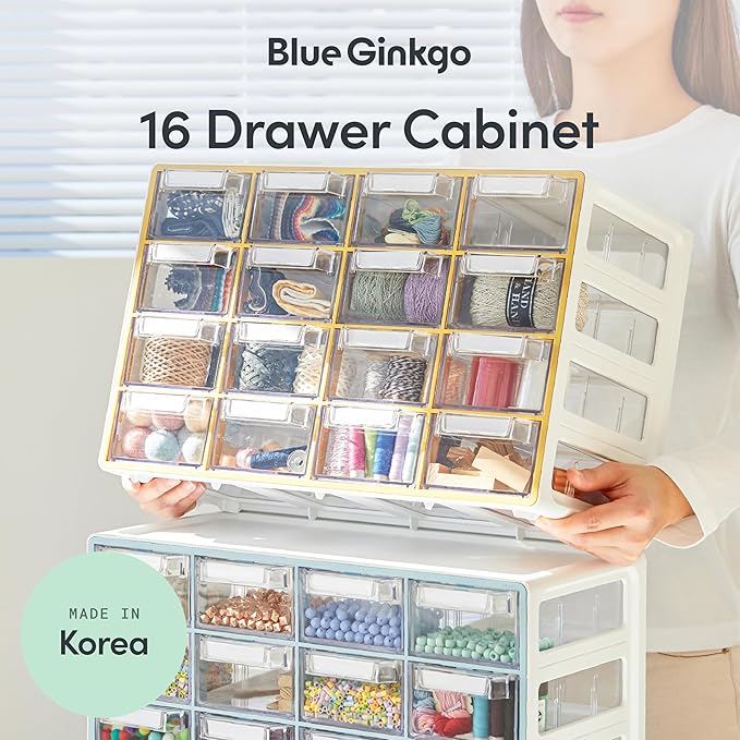 Blue Ginkgo Medium 16-Drawer Cabinet – Stackable Clear Organizer for Hardware, Beads, Plastic Bricks, Office, and Craft Storage (Made in Korea, Blue)