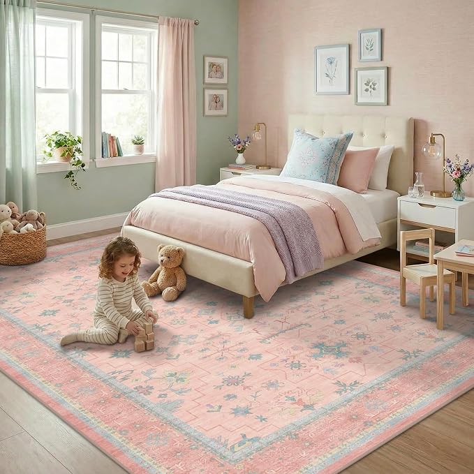 Pink Rugs for Bedroom Girls, 5x7 Washable Area Rug for Living Room Nursery Kids