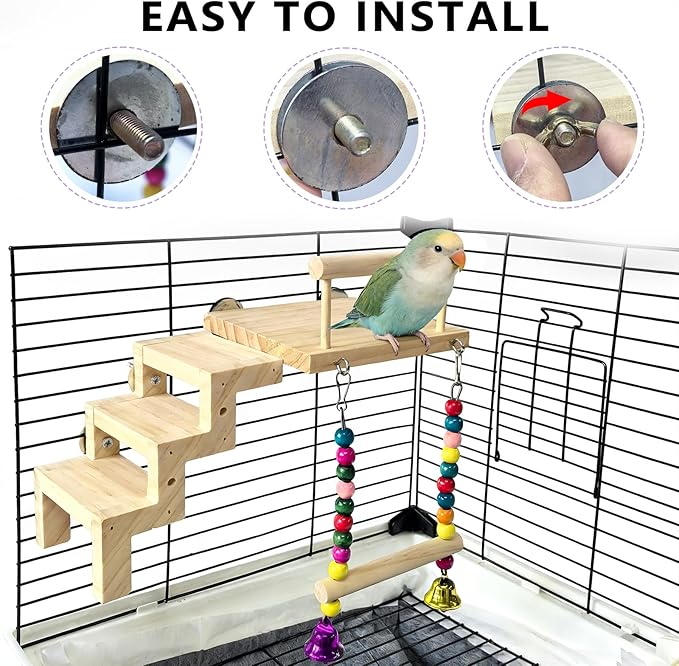 kathson Bird Perches Cage Toys with Bird Climbing Ladder Swing,Wooden Parrot Perches Platform,Parakeet Play Gyms Exercise Stands Cage Accessories for Green Cheeks,Lovebird,Budgie,Cockatiels