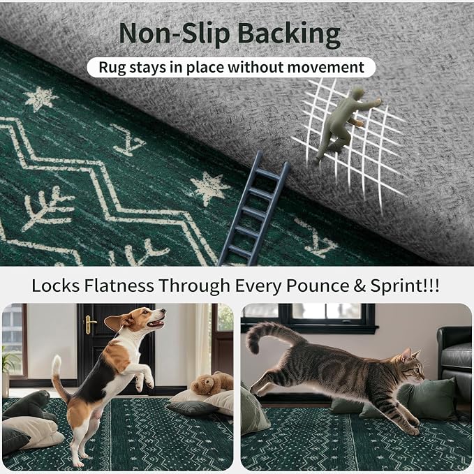SERISSA 2x6 Kitchen Runner Rug, Washable Non-Slip Dark Green Boho Rug, Soft