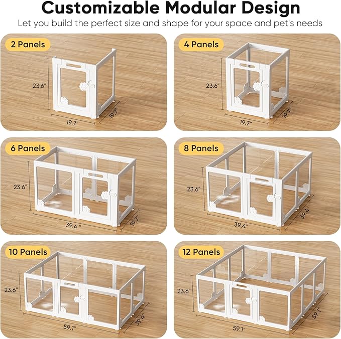 24“ Acrylic Clear Dog Play Pen Indoors 10 Panels, Puppy Playpen with Door for Small Dogs Puppies, Transparent Plastic Pet Playpen Cage Fence Crate Kennel for Cat Kitten Rabbit Bunny Ferret etc