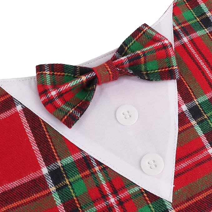 ADOGGYGO Christmas Dog Tuxedo Bandana, Red Green Plaid Pet Xmas Collar with Bow, Adjustable Christmas Costume for Medium Dogs (M)
