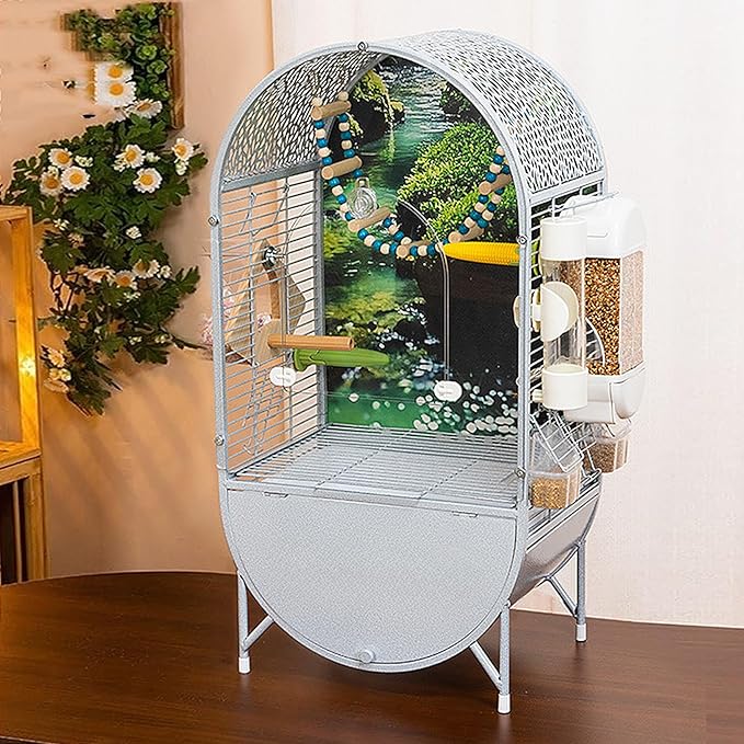 Dometop Bird Aviary with Transparent Door, Wrought Iron Bird Parrot Cage, Indoor Aviary for Small Parrots Parakeets Cockatiels (White)