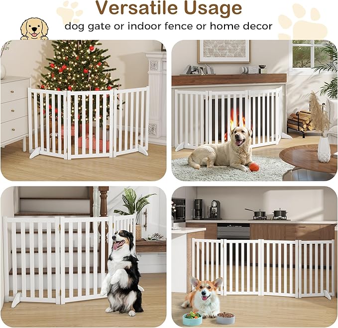 30" Height Tall Freestanding Pet Gate, Solid Wood Folding Safety Fence Wooden Dog Gate with 2 PCs Support Feet Ideal for Stairs, Doorways, Halls, Kitchens, Heavy Duty Gates, 3 Panels, White