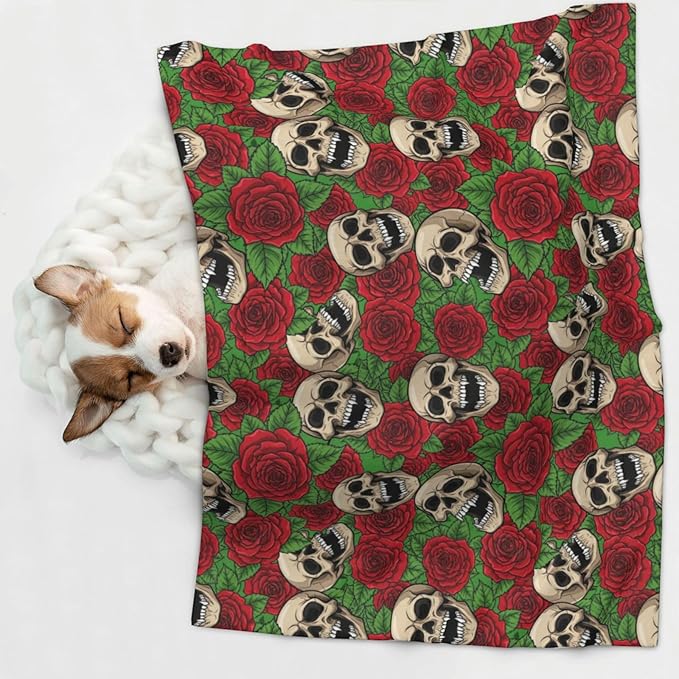 Reversible Dog Blanket for Beds Couches, Floral Rose Flowers Day of The Dead Sugar Skulls, Double Sided Cat Blanket with Textured Dot Feel and Smooth Feel for Seasonal Comfort All Year