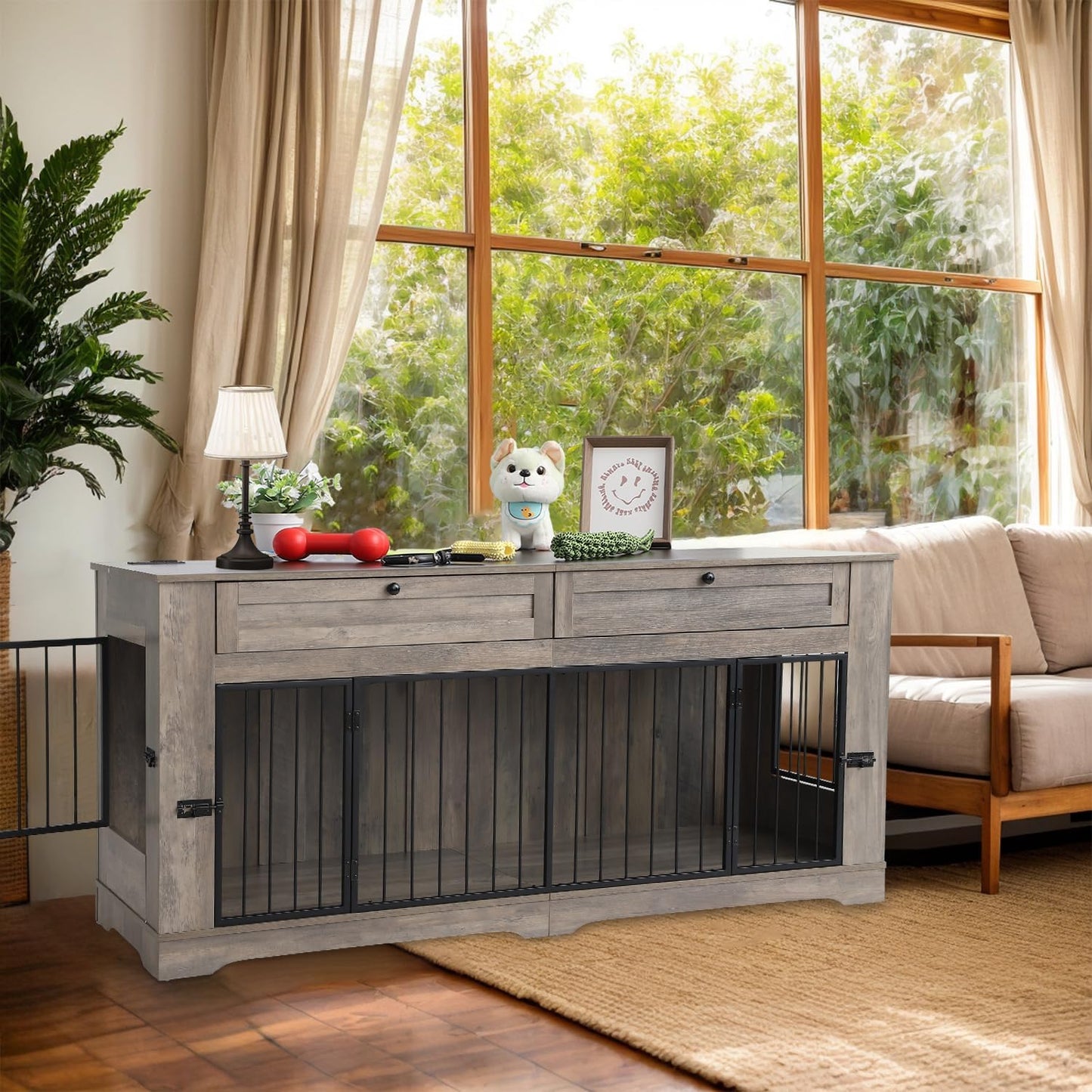 Large Dog Crate Furniture-Decorative Heavy Duty Dog Cage Indoor, Wooden Dog Cage End Table with Charging Station, Dog House with 2 Drawers (Gray, 70.86''L)