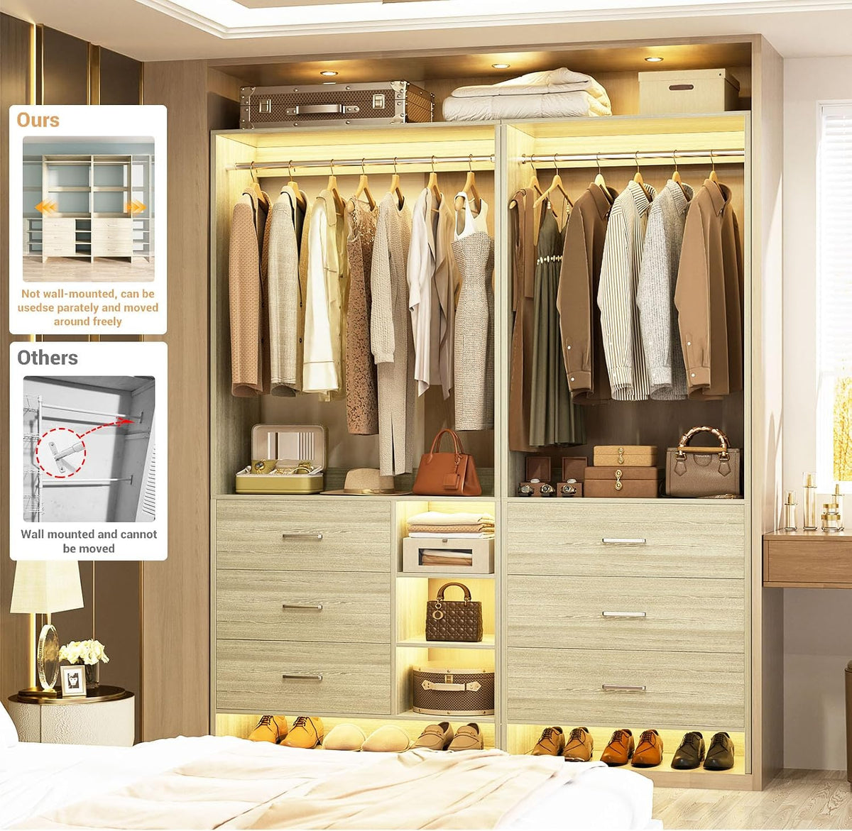 Aheaplus Closet System with 6 Drawers, 4.3ft, Set of 2, White Oak
