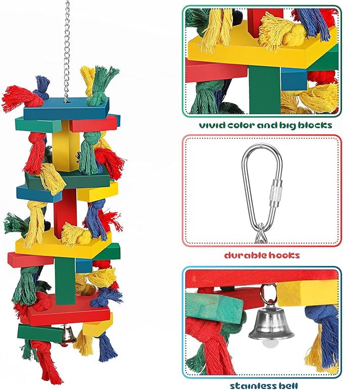 Skylety Parrot Toys for Large Birds Natural Wood Bird Toys Multicolored Wooden Tearing Parrot Block for African Grey, Cockatoos, Macaw