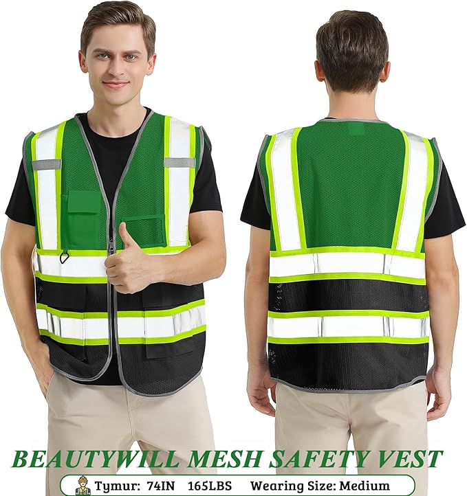 5 Pack Custom Safety Vest Customized Logo Mesh Vest Class 2 High Visibility Reflective Vest with Pockets Workwear（Green Black，L ）