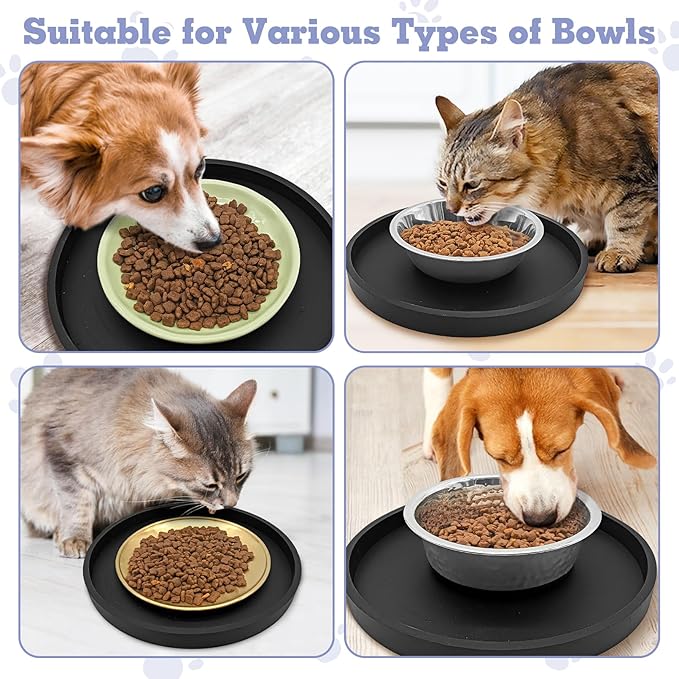 BNOSDM 2 Pack Cat Feeding Mat Pet Silicone Food Mat Black Dog Feeding Mats for Food and Water Nonslip Waterproof Feed Mats Round Eating Plate for Small Cats and Dogs (7.1in)