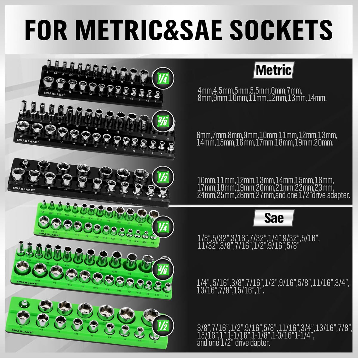 Magnetic Socket Organizer Set, 6-piece 1/4", 3/8", 1/2" SAE & Metric Sockets Holder, Drive Socket Trays, Storage Tool Box, Holding 143 Slots, Soft Rubber Covering Black Green Tools
