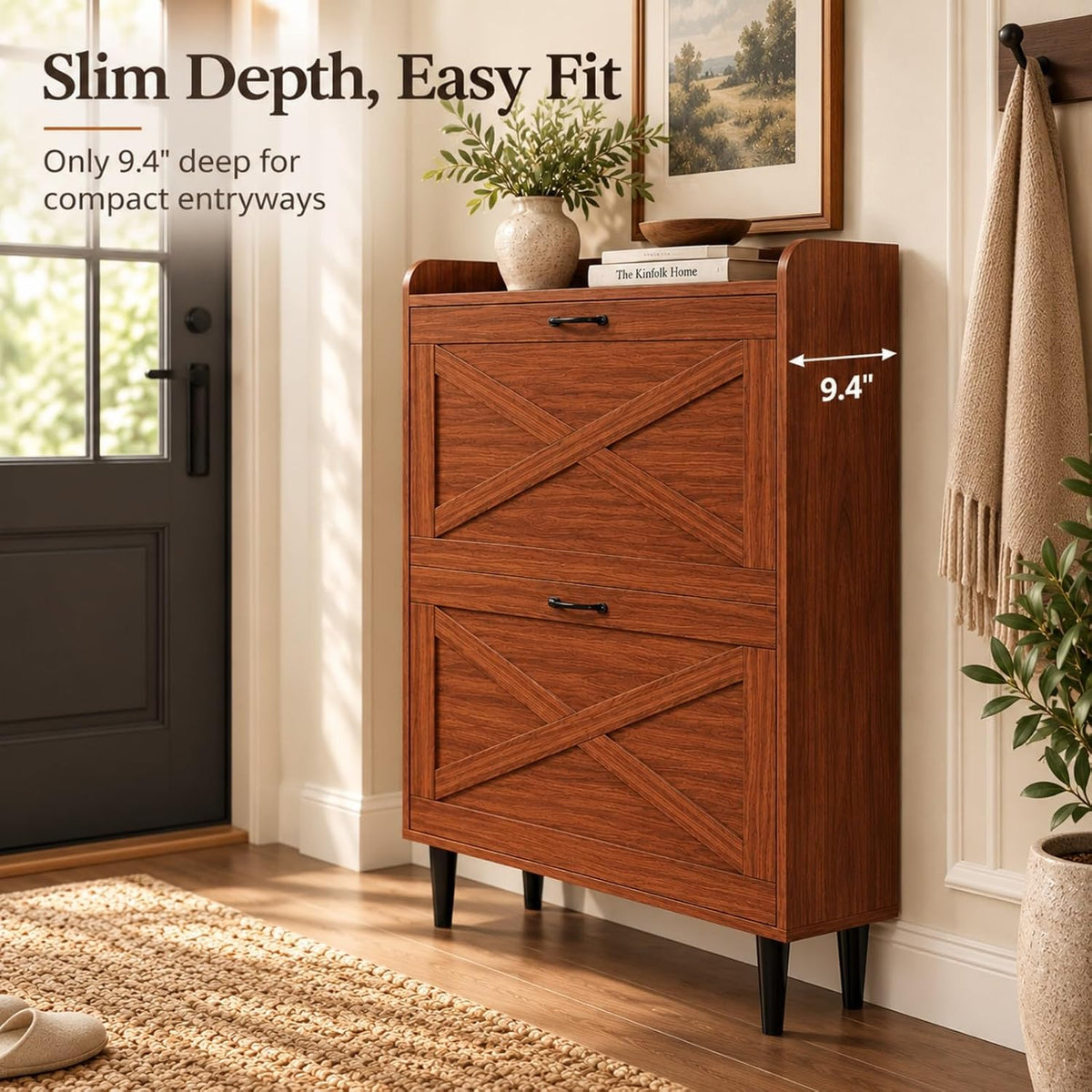 VINGLI Shoe Storage Cabinet for Entryway with 2 Flip Drawers, Ultra Slim Freestanding Entryway Shoe Organizer with Wood Tapered Legs,Hidden Closed Shoe Rack,31.6" W * 9.4" D * 39.4" H, Walnut