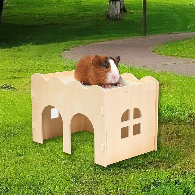 Guinea Pig Hideout, Natural Wooden Chew Proof Hideaway Hut for Small Pets (Wood, Guinea Pig)