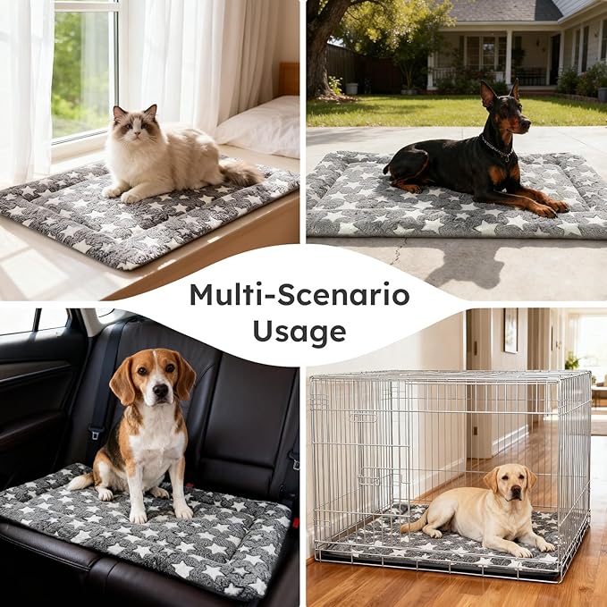 Dog Bed Mat, Dual-Sided Dog Crate Bed Mat - Ultra Soft & Machine Washable Kennel Pad for Large Dogs, All-Season Comfort Pet Bed for Crates, Travel, and Home, Star Gray, 35 x 23 Inch