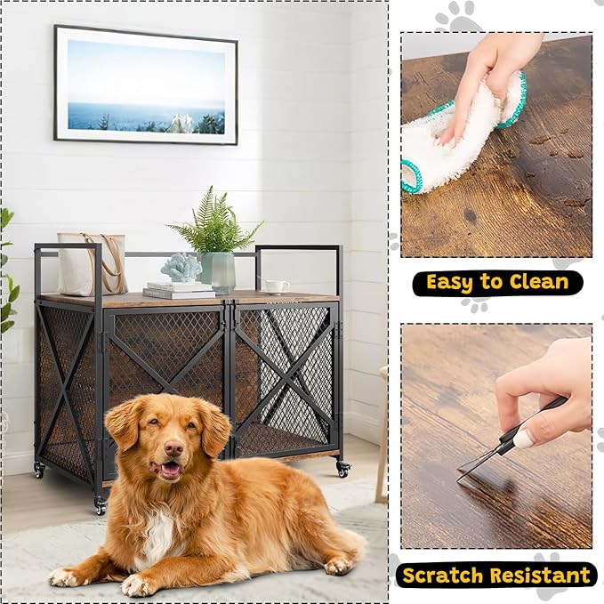 Dog Crate Furniture, 41 Inch Dog Kennel Indoor with Removable Cushion, Heavy Duty Dog Crate for Large Dogs and Medium Dogs, Wooden Dog Cage End Table with Double Doors, Rustic Brown