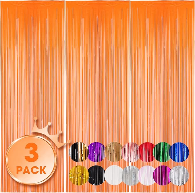3 Pack 3.3x8.2 Feet Orange Foil Fringe Backdrop Curtains, Tinsel Streamers Birthday Party Decorations, Fringe Backdrop for Graduation, Baby Shower, Gender Reveal, Disco Party