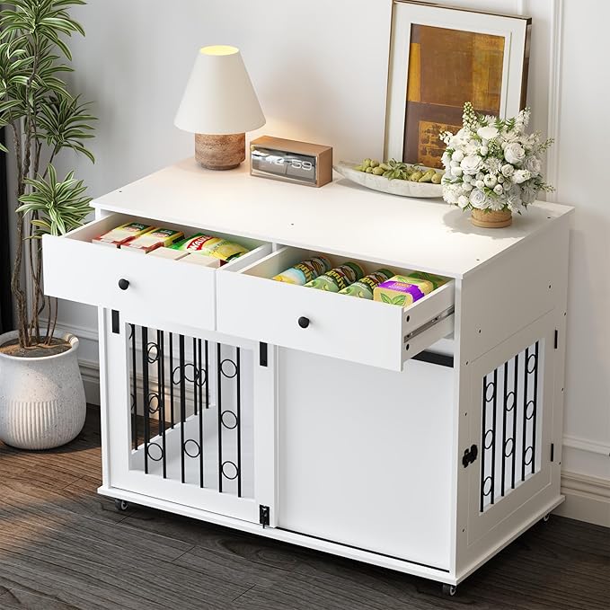 39.37'' Modern Wooden Dog Crate Furniture with Double Drawers and Sliding Barn Door, Decorative Pet Kennel End Table with Lockable Wheels, Stylish Dog Cage for Small to Medium Dogs – White