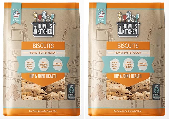 Howl's Kitchen Biscuits, 12 oz Bag, 1 Count, Peanut Butter Flavor, Hip and Joint Formula, Rawhide Free, Soft and Chewy Dog Treats, 500mg of Glucosamine for Dogs, For Active and Senior Dogs (Pack of 2)