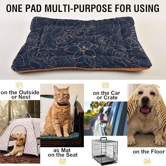 Dark Blue Floral Pet Bed Cute Dog Bed Mat Absorbing Non Slip Pad Pet Sleeping Mat for Small, Medium, and Large Dogs Puppy Cat 24 in x 18 in