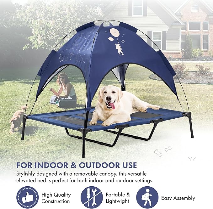 GrandTies Cooling Elevated Dog Bed with Canopy – XL Portable Pet Cot for Outdoor & Indoor Use – Waterproof Removable Shade, Breathable Mesh, Slip-Resistant Feet, Easy Assembly – Blue Berry
