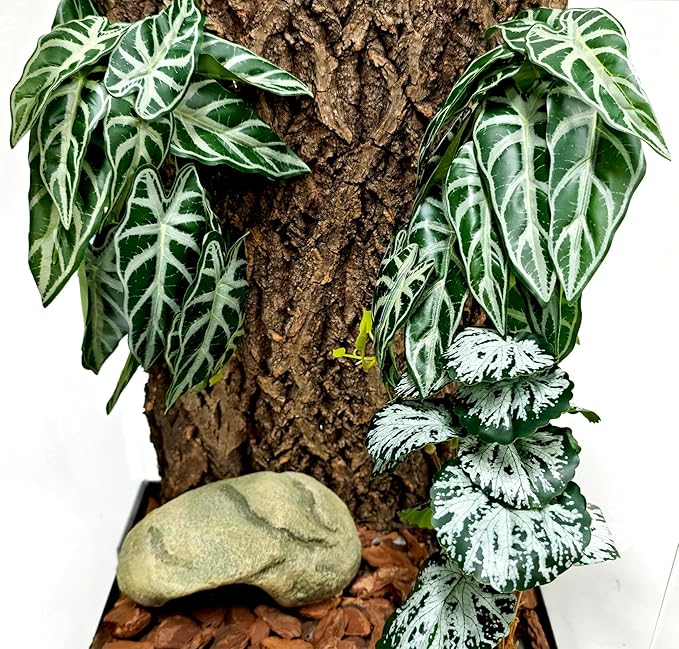 Woyrise Reptile Plants, Terrarium Hanging Plant Vines, Artificial Leaves with Suction Cup, Bearded Dragon Tank Accessories for Gecko Lizard Snake Frog Tortoise Decorations - Alocasia Velvet