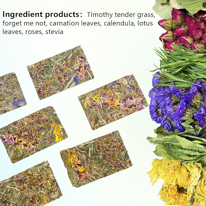 Hamiledyi Rabbit Chew Toys 30 Pieces Natural Timothy Hay Chips Bunny Molar Treats with Herbal Floral Scent for Guinea Pig Chinchilla Hamster