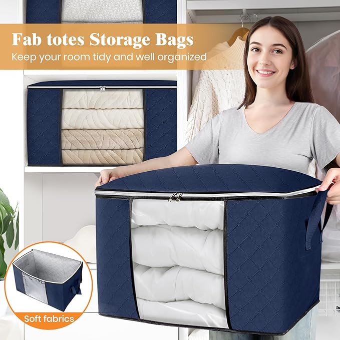 Fab totes 24 Gallons Clothes Storage, Foldable Thick Fabric Blanket Storage Bags, Containers for Organizing Bedroom, Closet, Clothing, Comforter, Organization with Handle (3 Pack,Blue)