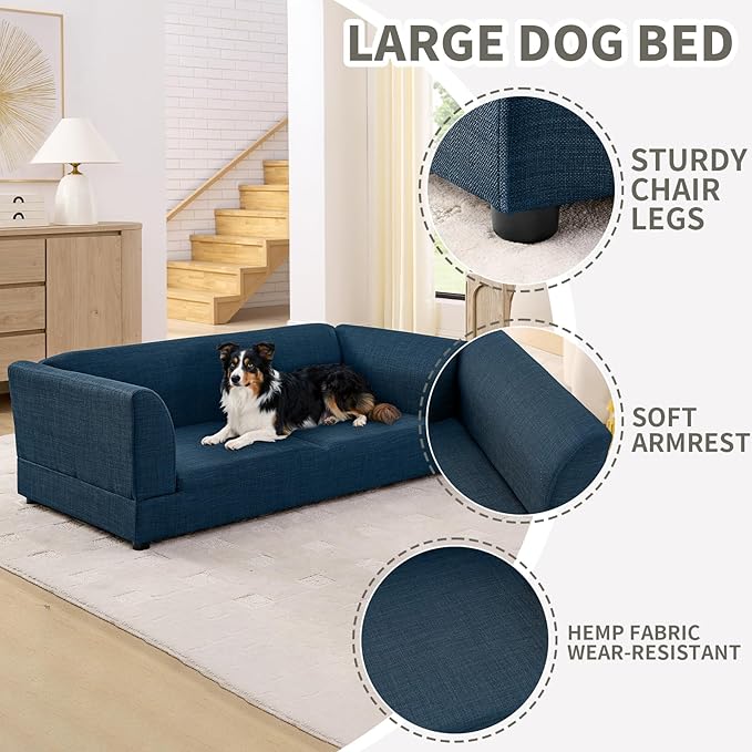 Oversized Dog Sofa Couch for Medium & Large Dogs, Modern Pet Couch Bed with Backrest & Armrests, Supportive Foam Cushion, Linen Fabric Dog Couch