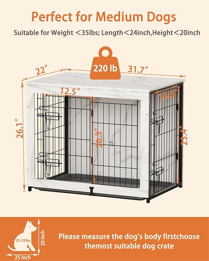Megidok Wooden Dog Crate Furniture with Cushion,Medium Dog Crate End Table with Tray, Double Doors Kennels Indoor (32" L*22" W*26" H, Marble White)