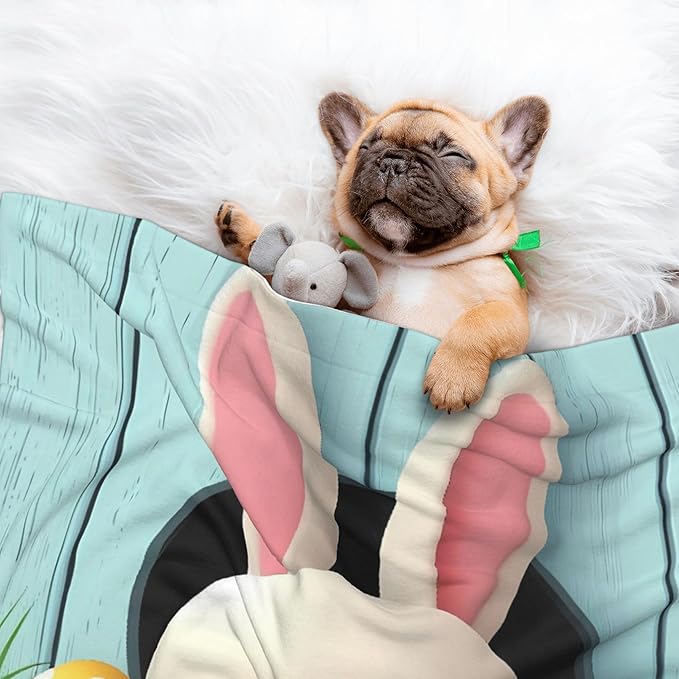 Waterproof Dog Blanket Soft Pet Blanket for Puppy Cat, Fleece Cat Throw Blankets for Furniture Bed Couch Sofa Reversible - White Bunny Bottom and Easter Eggs