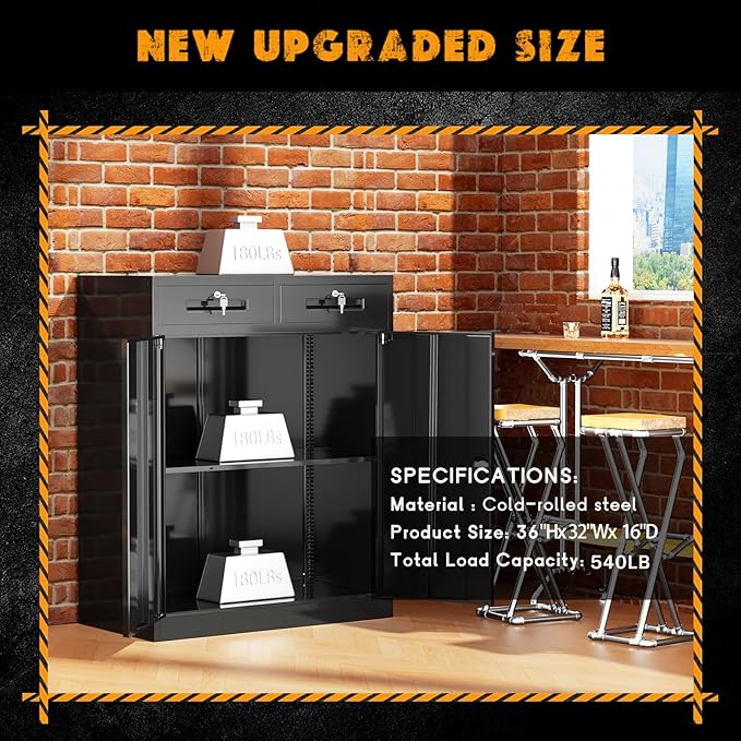 Greenvelly Metal Storage Cabinet with Drawers, 36' Black Steel Garage & Office Storage with Doors and Adjustable Shelves, Locking Metal Tool Cabinet