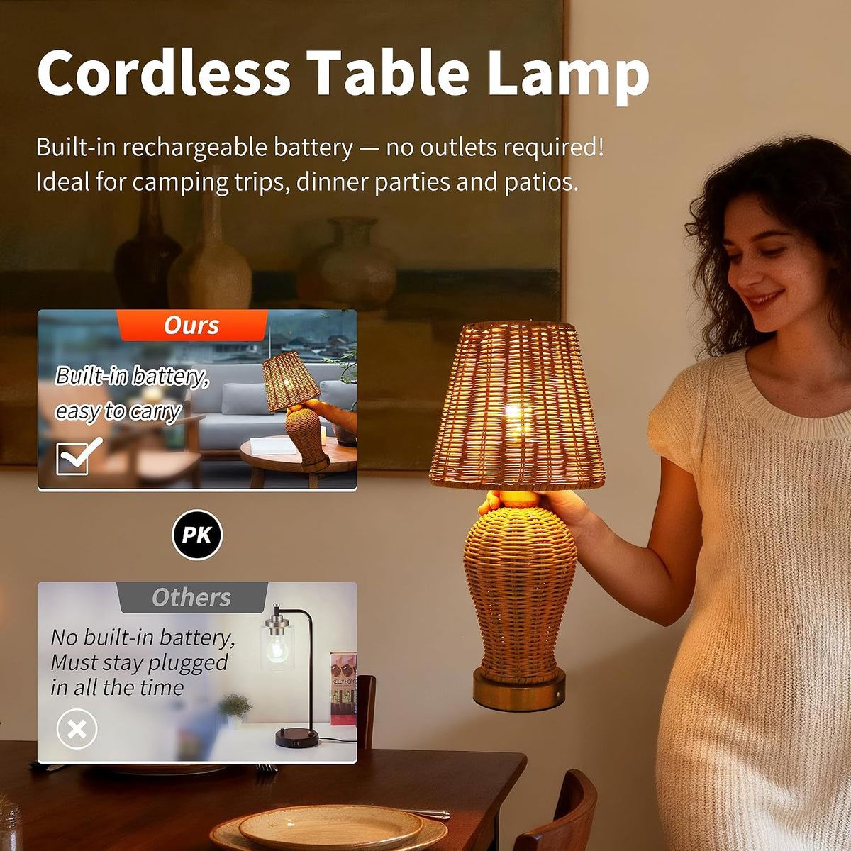 Boho Rattan Rechargeable Cordless Table Lamp, Touch Dimmable Battery Operated Table Light, for Patio Restaurant Kitchen Dining Room (Rattan Lampshade)