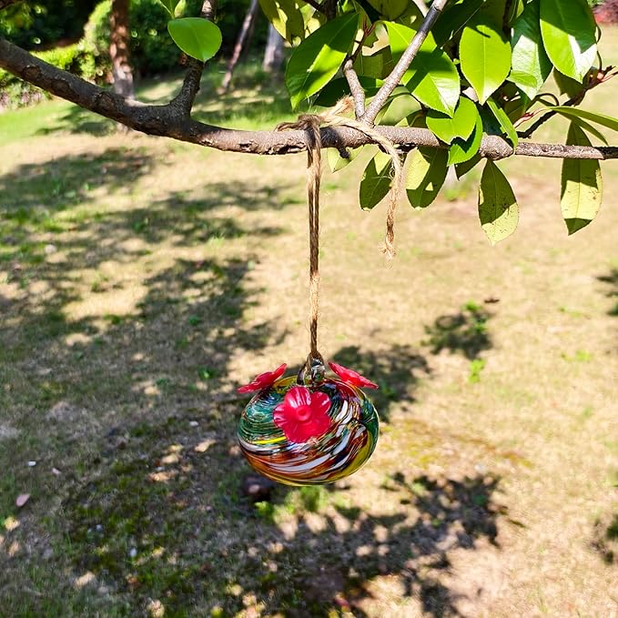 Small Glass Hummingbird Feeders for Outdoors Hanging - Hand Blown Glass Ball Nectar Feeding, Multi Color with 3 Flowers Feeding Ports, Decor for Garden/Backyard Outside