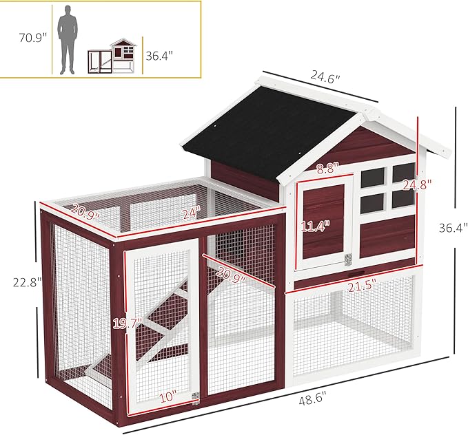 PawHut 48" Wooden Rabbit Hutch Bunny Cage with Waterproof Asphalt Roof, Fun Outdoor Run, Removable Tray and Ramp, Brown