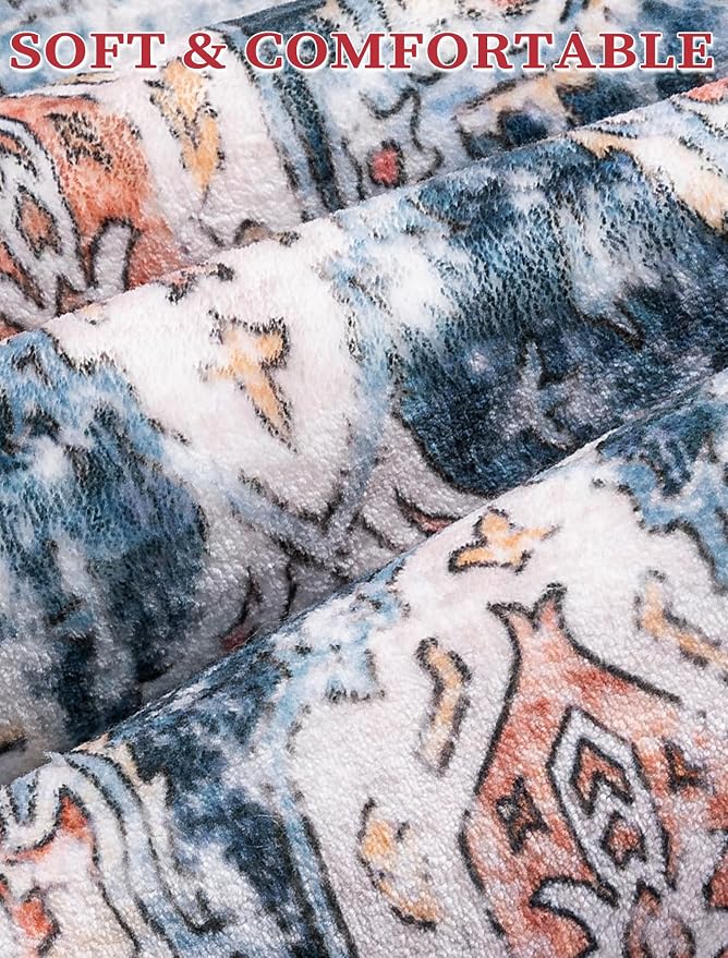 SERISSA Boho Washable Runner Rug, 2x5 Rug Non-Slip Vintage Blue Orange Hallway