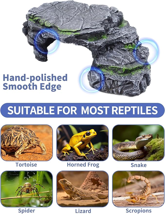 Turtle Basking Platform Kit, Reptile Habitat Hideout, Decorative Resin for Aquarium & Terrarium, Including Artificial Plant and Cleaning Brush. (A-Large-Black)