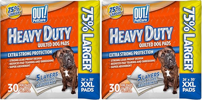 OUT! Petcare Puppy Pads XXL, Heavy Duty, Leak Proof Pee Pads for Dogs, Potty Training & Housebreaking, Puppy Essentials (26"x30", 30 Count) (Pack of 2)