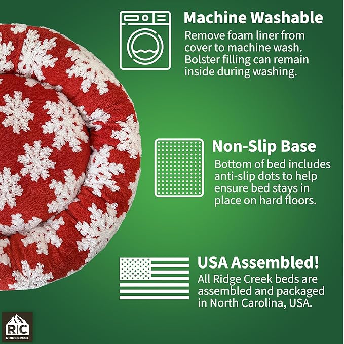 Round Couch Dog Bed for Pets (Snowflake Christmas Edition) Shredded Memory Foam Fill Base with Supportive Rounded Bolsters – Holiday Red/White (30 x 30 inch - Medium)