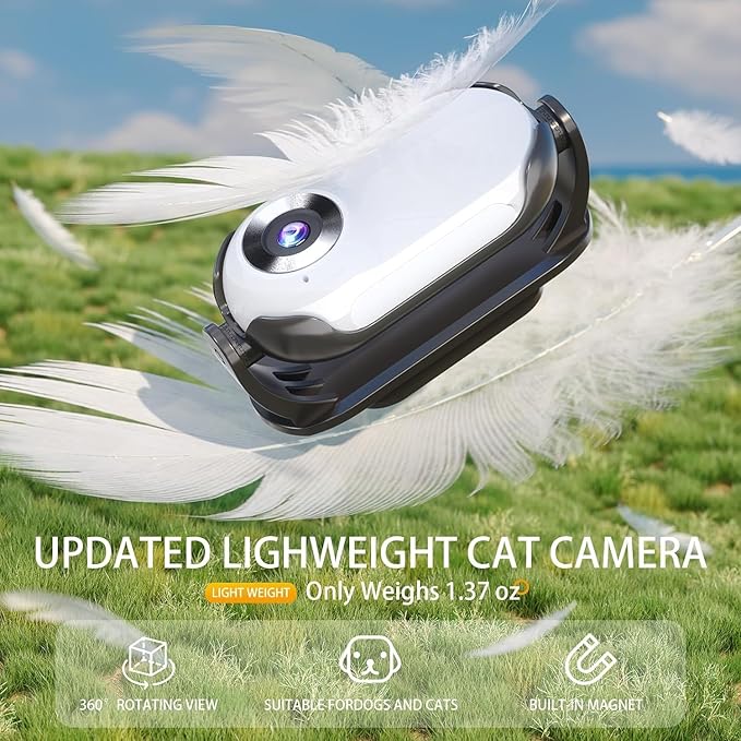 Upgraded 1080P Cat Camera Collar with Display, Thumb Camera with Video Records for Sports and Action, Pet Dog Tracker Wearable Cam Back Clip Motion Cam with Accessories Kit, 120° Wide Angle, White