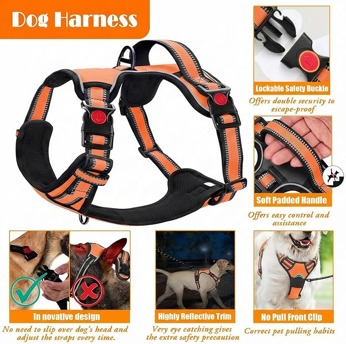 No Pull Dog Harness, Collar & Leash Set | Includes Dog Seat Belt, Collapsible Bowls & Poop Bag Dispenser. Ideal for Training, Walking, Hiking. Fits Small to Large Dogs(Orange-M)