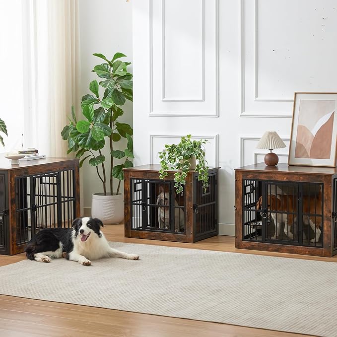 32 Inch Heavy Duty Dog Crate Furniture for Medium/Small Dogs, Decorative Pet House End Table with 3 Doors & Adjustable Bowls, Wooden Cage Kennel Furniture Indoor, Rustic Brown
