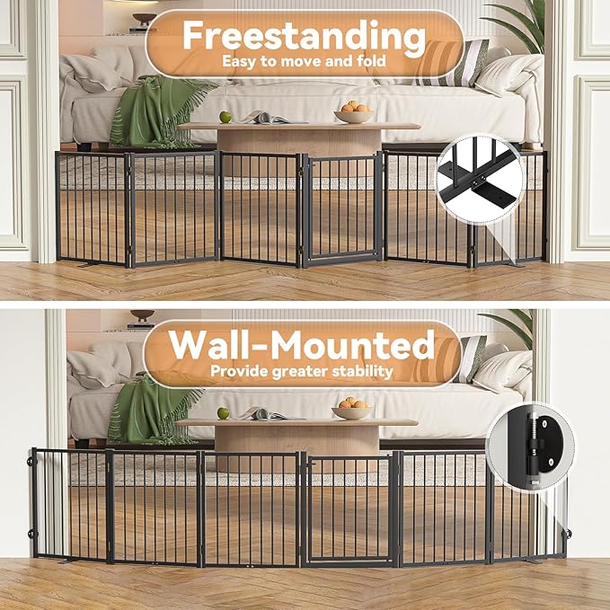 Full Metal Freestanding Dog Gate with Door, 24'' Height Foldable Pet Dog Fence for Indoor & Outdoor, 6 Panels Extra Wide Free Standing SmallDog Gates for Doorways,House,Stairs,Porch,Deck,Yard