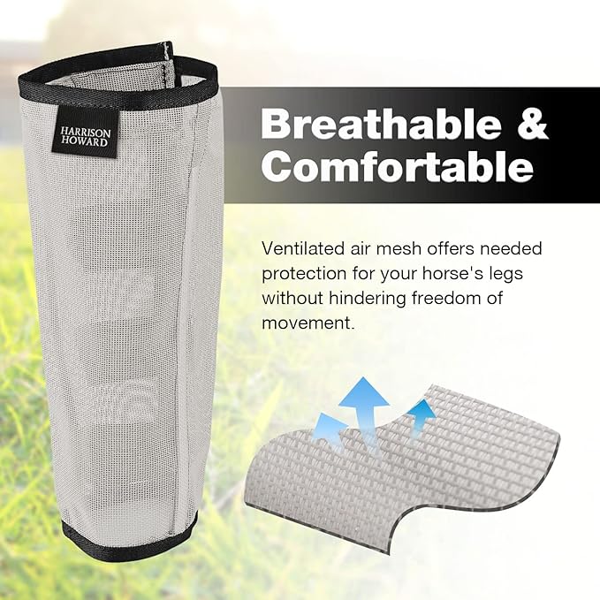 Harrison Howard Loose Fitting Fly Boots UV-Protective Extra Tough Mesh Ventilated Four Fasteners Stay-on Design Protect Horse Legs & Stomp-Reducing Set of 4 Silver Grey Medium