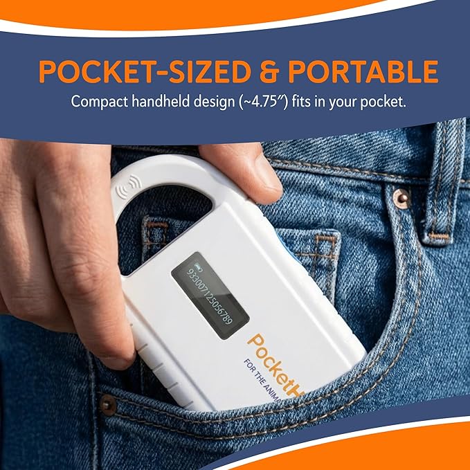 Pocket Hero ISO Microchip Scanner for Pets, Compact, Rechargeable Reader with Bright Display, USB Cable and Test Chip Included