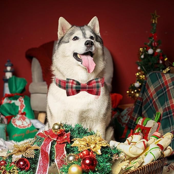 Christmas Plaid Dog Collar with Bow Tie– Adjustable Red & Green Checkered Dog Collar for Small Medium Large Dogs, Soft Xmas Plaid Puppy Collars with Quick Release Buckle XL