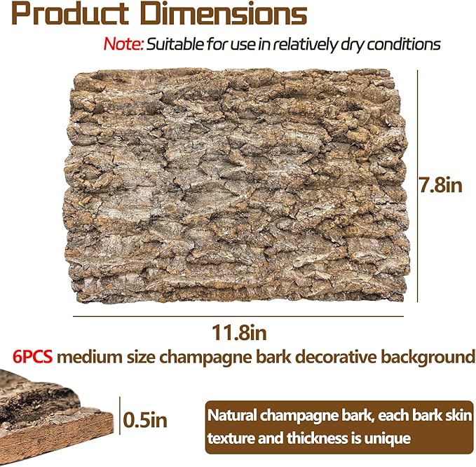 Hamiledyi Cork Terrarium Background 11.8x7.9in 6PCS Natural Reptile Cork Bark Flats Terrarium Board Bearded Dragon Climbing Wall Mat Tank Decor for Lizard Chamelon Snake Turtle Spider Crested Gecko